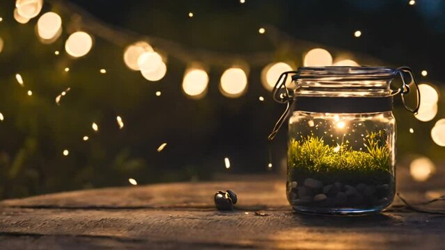 Sparkling fireflies in jar. Glowing bug firefly, butterfly coming out of a jar in a night isolated on a natural background. Magic night imagination. Magical nature concept
