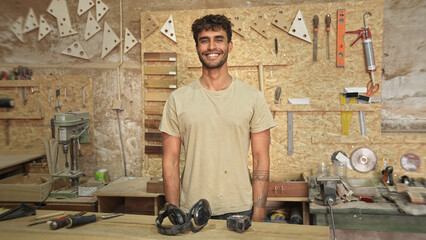 Man carpenter face portrait. Male carpentry work skill. Joiner guy timber woodwork. Happy worker...