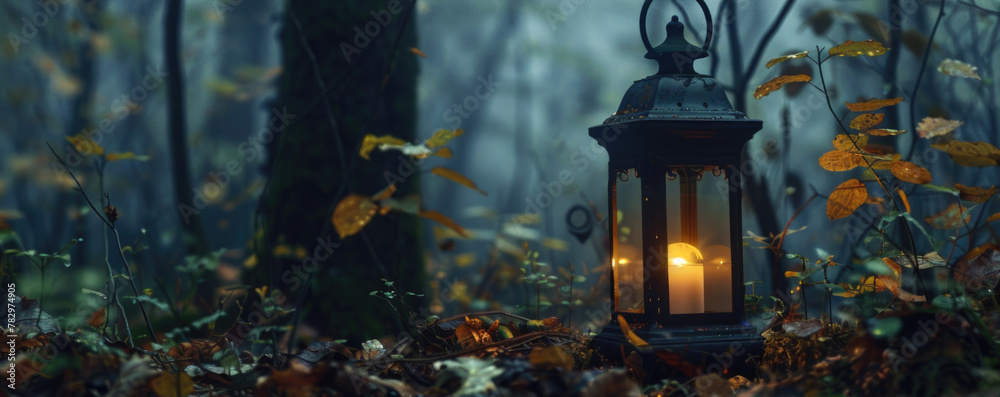 Poster a lantern is lit in the middle of a forest. suitable for nature and outdoor concepts