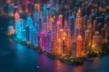 Fototapeta na wymiar Night Smart city, Neon lights of the metropolis, Modern city with high-rise buildings, 3D illustration