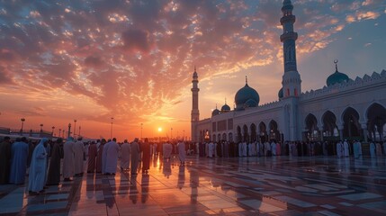 Worshippers gather at dawn for Eid prayers, silhouetted against a vivid sunrise at a grand mosque with intricate architecture