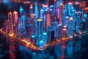 Night Smart city, Neon lights of the metropolis, Modern city with high-rise buildings, 3D illustration