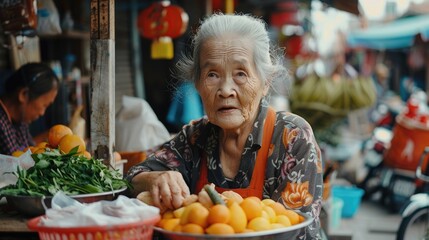 An old woman sitting at a table with a bowl of oranges. Suitable for food and lifestyle concepts