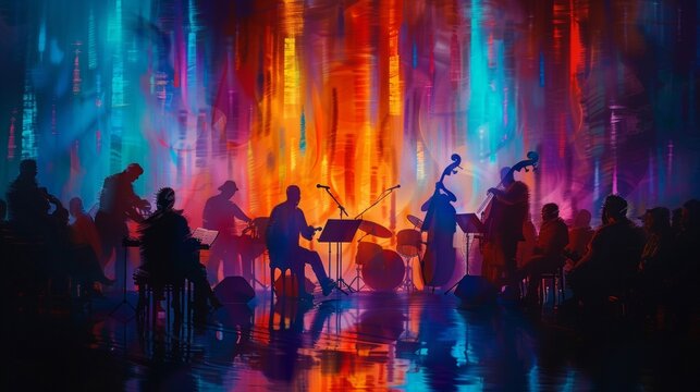 Colorful Painting of Jazz Ensemble in Concert with Cityscape Reflections and Ambient Lighting