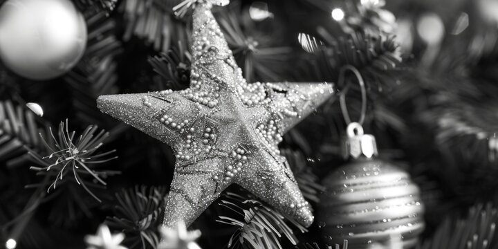 A black and white photo of a star ornament on a Christmas tree. Perfect for holiday themed designs