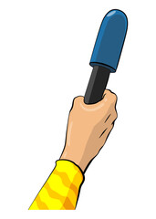 Journalist in pop art comic style, hand hold microphone. Voice recorder in hand of reporter. Press conference or interview, mass media news in cartoon vector illustration