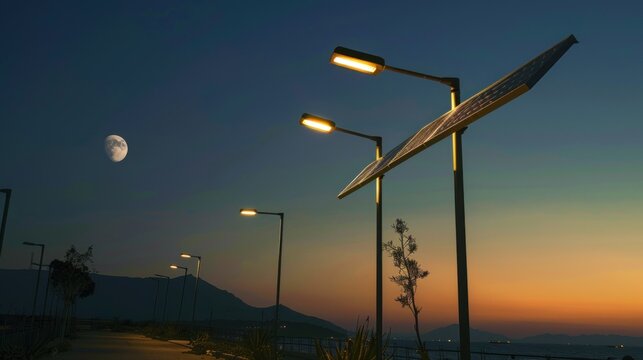 Solar photovoltaic powered street lamp AI generated