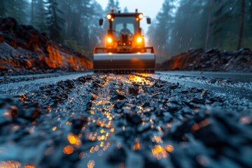 A road roller paves a new road with fresh asphalt, reflecting twilight colors under a rainy setting - obrazy, fototapety, plakaty