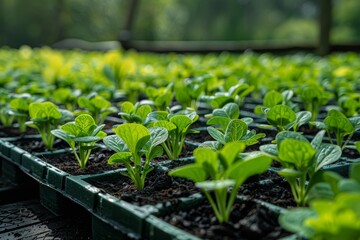 Well-organized green lettuce seedlings growing in rows inside a greenhouse, showcasing agricultural productivity
