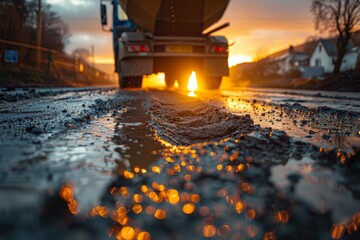 Atmospheric image capturing fresh asphalt resurfacing on a street at sunset with warm glowing lights - obrazy, fototapety, plakaty