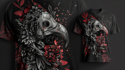 Gray t-shirt with stunning bird print and color. Print for T-shirt
