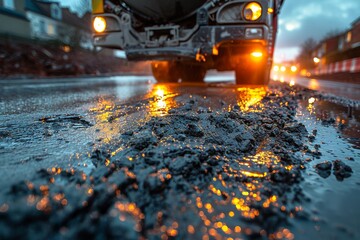 An evening shot of a road being repaired, with machinery illuminated and reflecting on wet asphalt