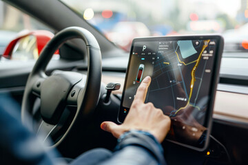 Electric car, Touch screen controls, drivers, hand, steering wheel. Concept, car safety, distractions while driving, interactive.