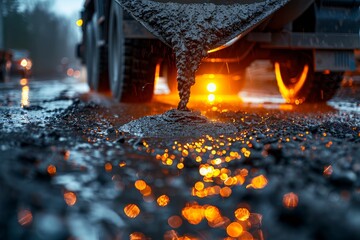 Dramatic view of road resurfacing at dusk, focusing on fresh asphalt and vibrant glowing lights of...