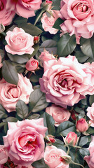 Pattern of delicate roses with leaves close-up