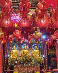 Bangkok, Thailand on July 22 2023. Statues of Buddha and Gods inside Wat Mangkon Kamalawat for Buddhist worship