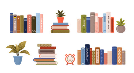 Naklejka premium isolated stack and piles of various books. World book day. Vector set of educational books, plants, alarm clock. Grainy illustrations on white background for book festival, store, book fair. 