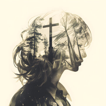 Portrait of double exposure film girl and cross in black and white color.