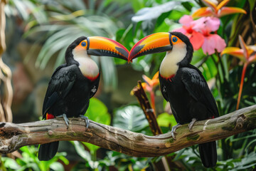 Naklejka premium Two toucans perched on tree branches, with colorful beaks and feathers