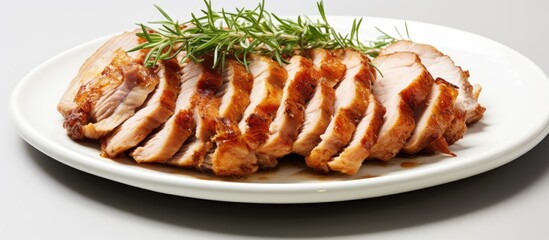 Plate of Pork Slices and Rosemary Sprig