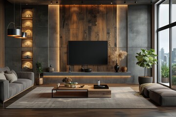 This sophisticated living room boasts a perfect blend of warm wooden elements and modern technology, exuding luxury - obrazy, fototapety, plakaty