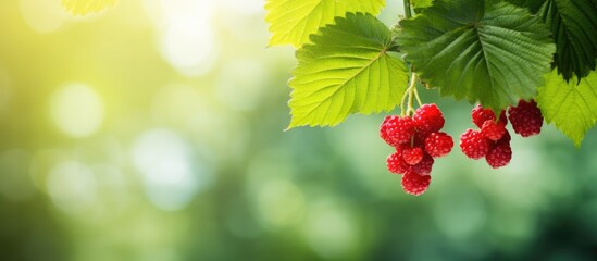 Fresh raspberries hanging from leafy branch