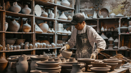 Man crafting a pot at a pottery shop - 782976571