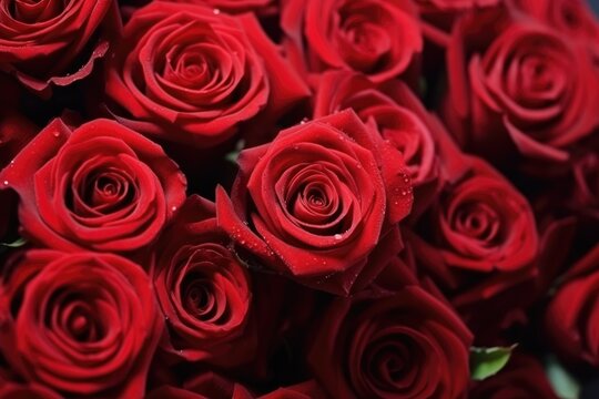 A close-up of vibrant red roses with fresh water droplets, depicting the beauty and detail of nature's artistry. Vibrant Red Roses with Water Droplets Close-Up