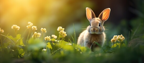 Rabbit in grass with background flowers - obrazy, fototapety, plakaty