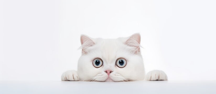 White cat with unique eyes gazes at camera on white backdrop