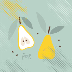 Pears fruit print in Printmaking style. Abstract natural poster in pastel colors with raster texture effect. Hand-drawn yellow pears For poster, banner, cover, social networks, postcards, printing