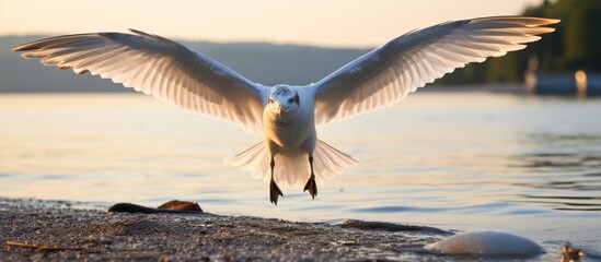 Young gull lands in rare capture - obrazy, fototapety, plakaty