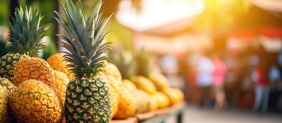 Pineapples displayed market stall - obrazy, fototapety, plakaty