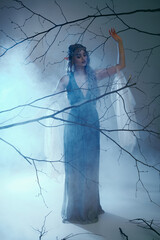 A young woman in a blue dress stands gracefully in a foggy setting, embodying the essence of a...