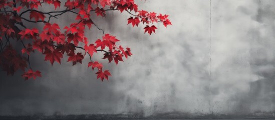 Red tree leaves close-up on gray wall