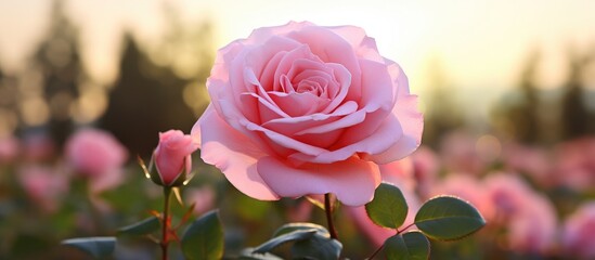 A beautiful pink rose blooms in a vast meadow