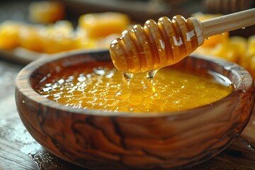 A honey dipper hovers over a wooden bowl, showcasing organic honey's golden hue and natural sweetness. - obrazy, fototapety, plakaty