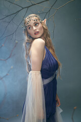 A young woman dressed in a stunning blue gown and a royal tiara, embodying the essence of a...
