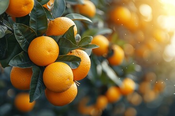 In a sunny orchard, organic tangerines hang from branches, symbolizing healthy harvest. - obrazy, fototapety, plakaty
