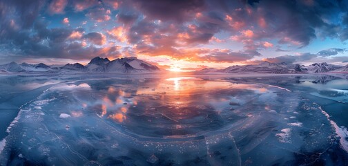 The blue dream star, with thick clouds in the sky, is colorful. The sky is bright at sunset. Snow mountains in the distance, quiet lakes and ice lakes - obrazy, fototapety, plakaty