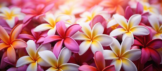 Fototapeta premium Plumeria blooms in vibrant red hue with close-up view under bright light