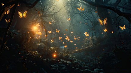 Glowing flying butterflies and fireflies in a foggy night forest.