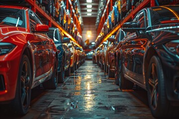 Rows of shiny new cars parked in a modern car dealership showroom, with a focus on consumerism and the automotive industry - obrazy, fototapety, plakaty