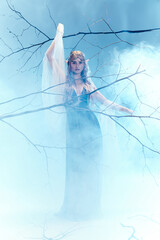 A young woman in a blue dress, resembling an elf princess, stands gracefully in a mystical fog, exuding an ethereal charm.