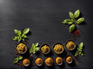 Image of various spices and herbs arranged in a row on a dark background.