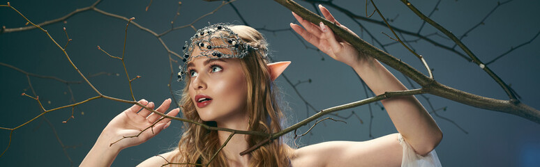 A young woman in a dress adorned with a crown of branches on her head, embodying the essence of a fairy tale elf princess.