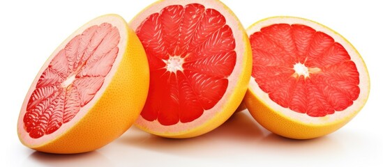 Three halved grapefruits on white surface