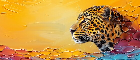 Graceful leopard, bright yellow background, vibrant scene, high saturation, direct gaze  - obrazy, fototapety, plakaty