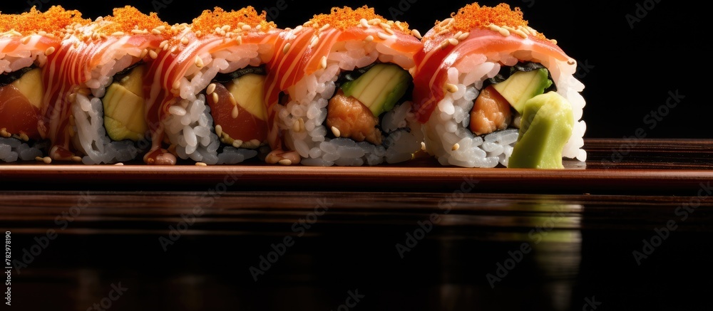 Aufkleber close-up of salmon sushi roll with cucumber and sauce