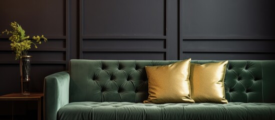 Green sofa with two gold pillows